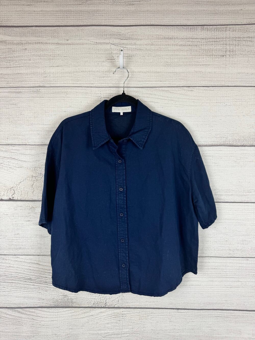 Zara Women's Blue Washed Button Up Short Sleeve Top Size Medium